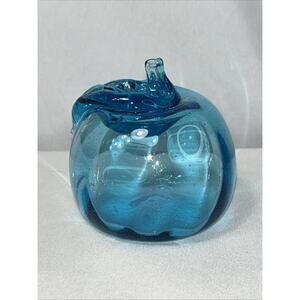 Hollow Blown Glass Blue Apple Art Paperweight Decor Teacher Gift 3”